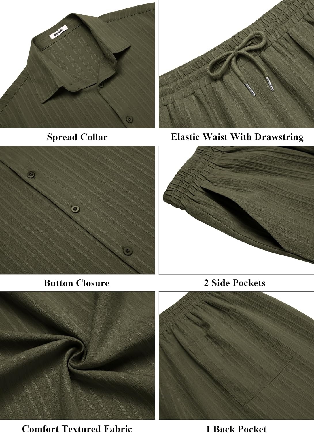 image:imageCOOFANDY Mens 2 Piece Outfits Casual Summer Beach Textured Button Down Shirt Loose Pants SetArmy Green