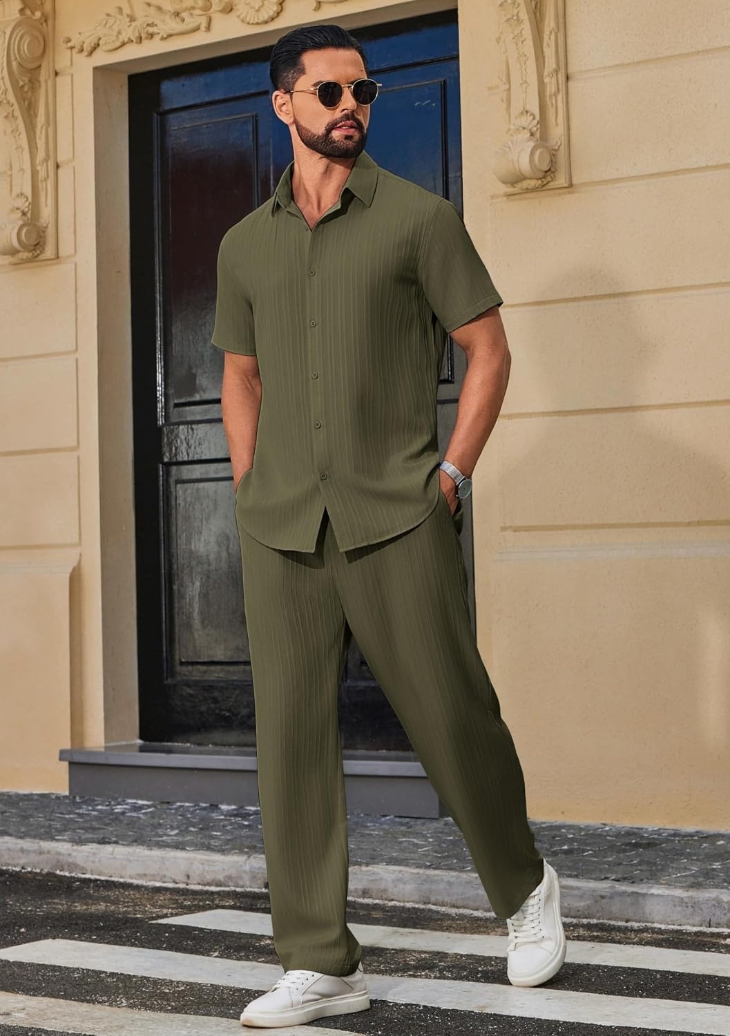 image:imageCOOFANDY Mens 2 Piece Outfits Casual Summer Beach Textured Button Down Shirt Loose Pants SetArmy Green