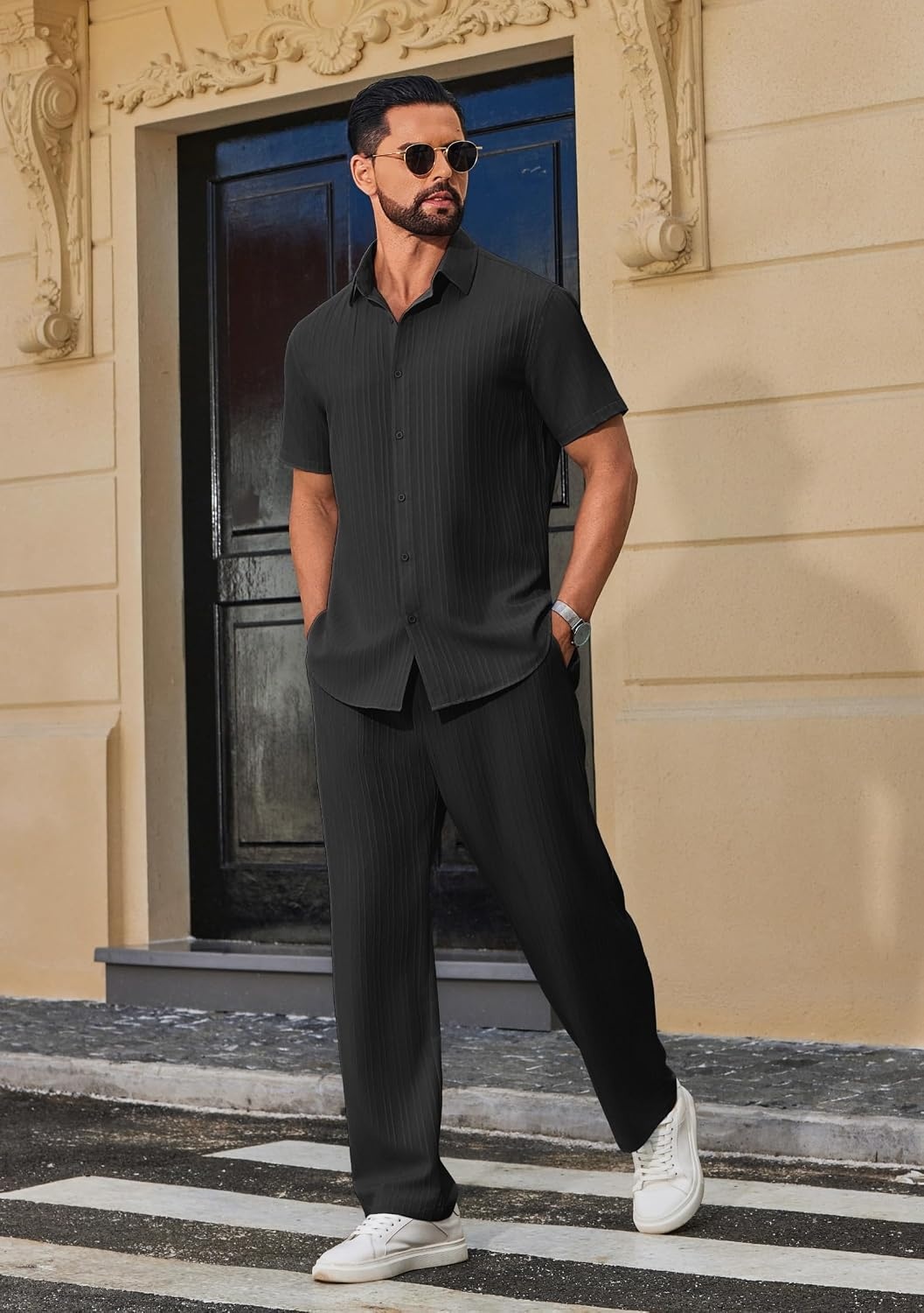 image:imageCOOFANDY Mens 2 Piece Outfits Casual Summer Beach Textured Button Down Shirt Loose Pants SetBlack