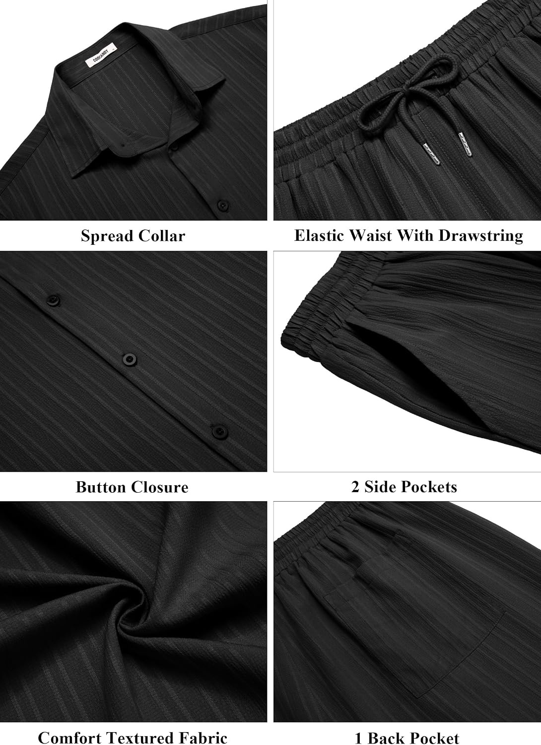 image:imageCOOFANDY Mens 2 Piece Outfits Casual Summer Beach Textured Button Down Shirt Loose Pants SetBlack