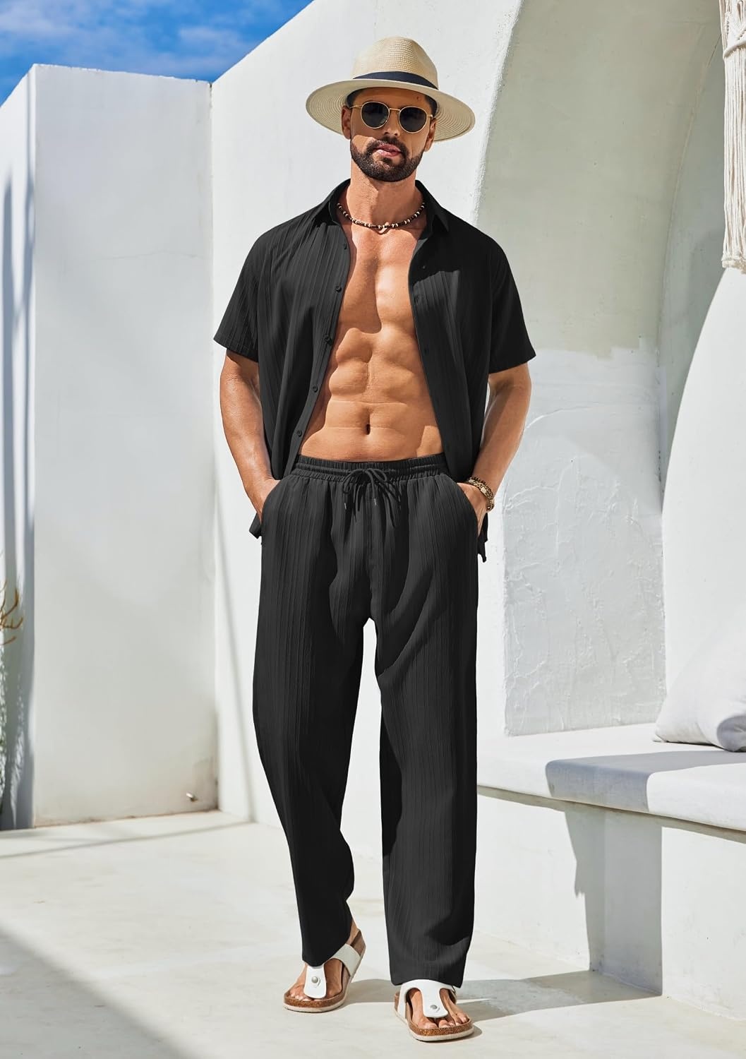 image:imageCOOFANDY Mens 2 Piece Outfits Casual Summer Beach Textured Button Down Shirt Loose Pants SetBlack