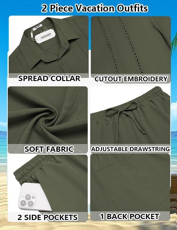 image:imageCOOFANDY Mens 2 Piece Outfits Cuban Guayabera Short Sleeve Shirts and Shorts Summer Beach Vacation Sets for MenArmy Green
