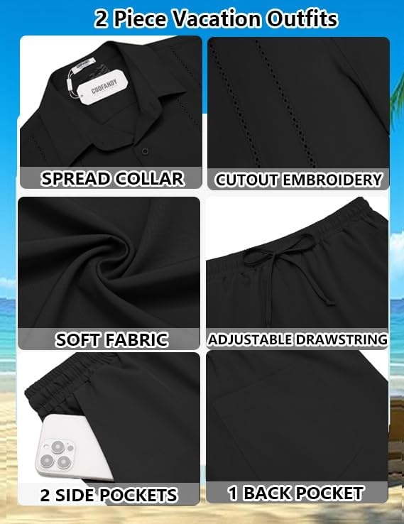 image:imageCOOFANDY Mens 2 Piece Outfits Cuban Guayabera Short Sleeve Shirts and Shorts Summer Beach Vacation Sets for MenBlack