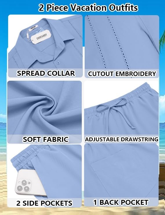 image:imageCOOFANDY Mens 2 Piece Outfits Cuban Guayabera Short Sleeve Shirts and Shorts Summer Beach Vacation Sets for MenLight Blue
