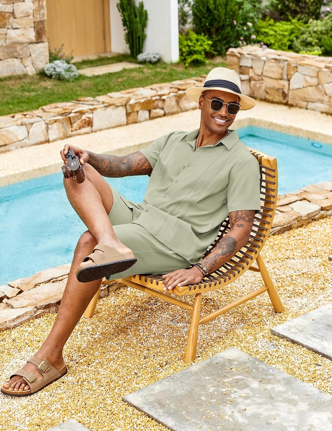 image:imageCOOFANDY Mens 2 Piece Outfits Cuban Guayabera Short Sleeve Shirts and Shorts Summer Beach Vacation Sets for MenLight Green