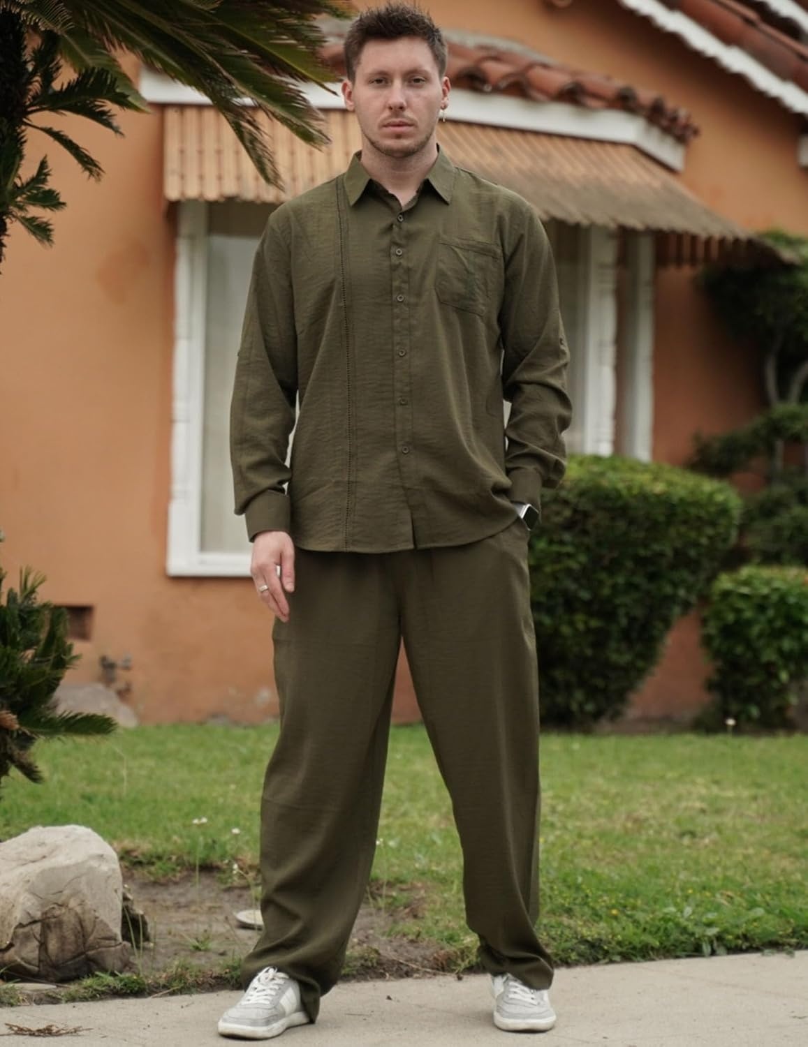 image:imageCOOFANDY Mens 2 Piece Outfits Long Sleeve Button Down Cuban Shirt and Pants Set Summer Beach SetsArmy Green