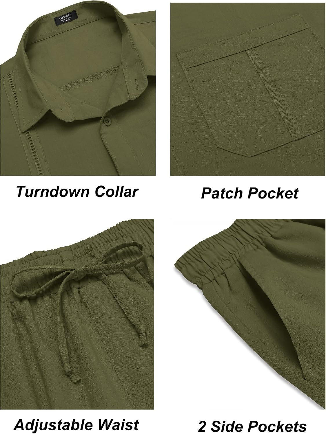 image:imageCOOFANDY Mens 2 Piece Outfits Long Sleeve Button Down Cuban Shirt and Pants Set Summer Beach SetsArmy Green