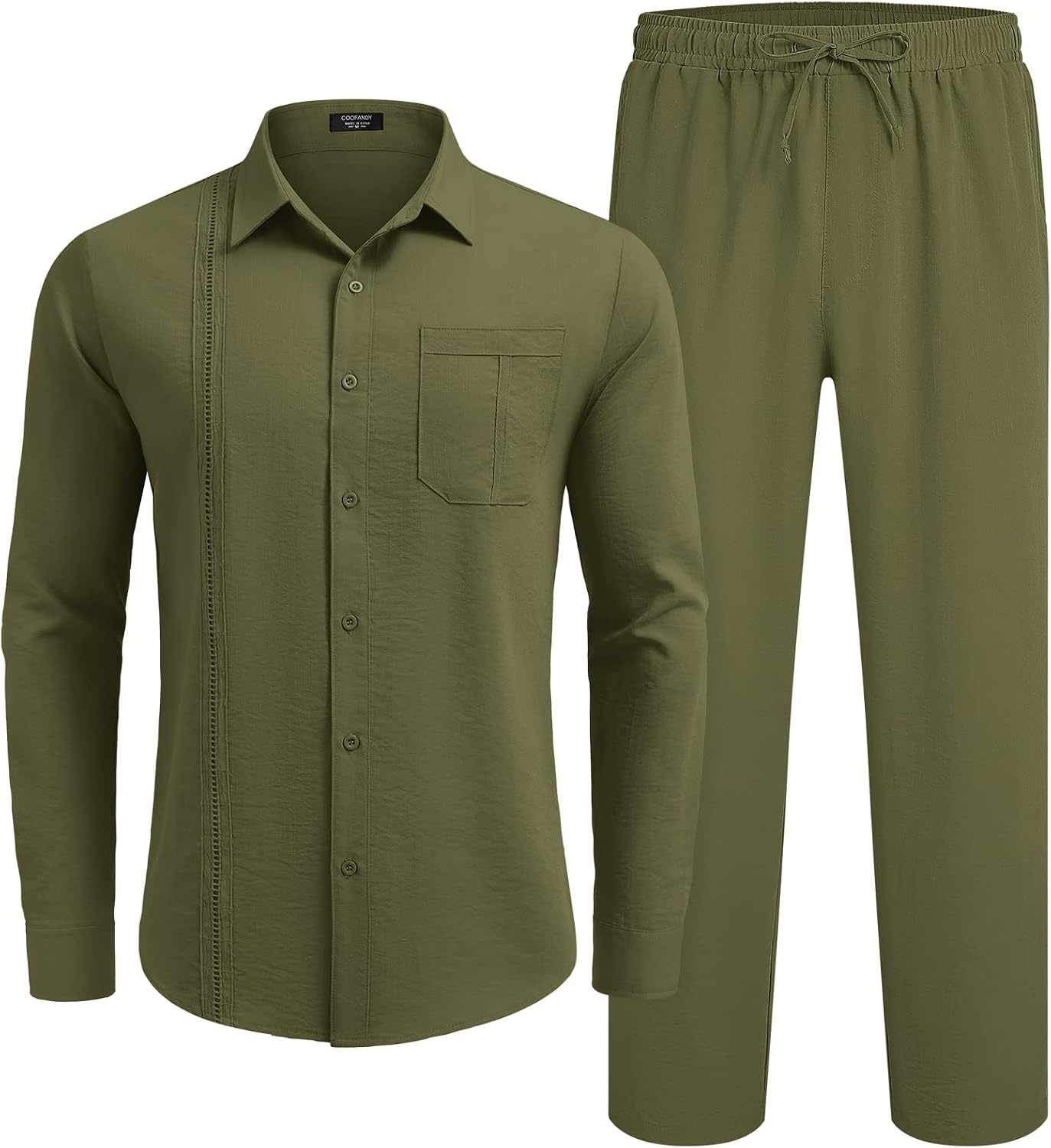 image:imageCOOFANDY Mens 2 Piece Outfits Long Sleeve Button Down Cuban Shirt and Pants Set Summer Beach SetsArmy Green