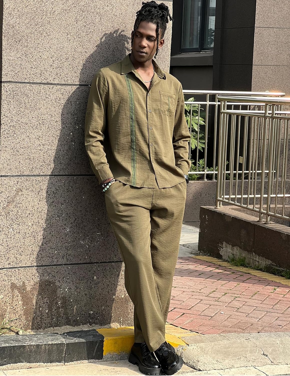 image:imageCOOFANDY Mens 2 Piece Outfits Long Sleeve Button Down Cuban Shirt and Pants Set Summer Beach SetsArmy Green
