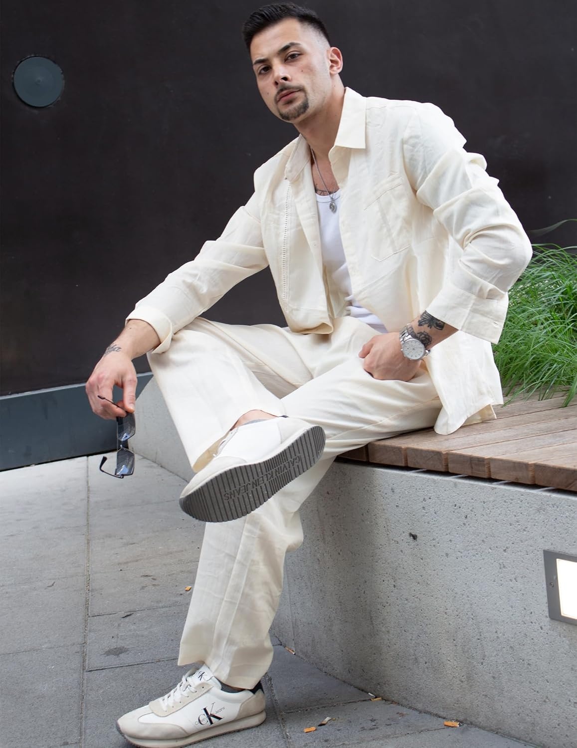 image:imageCOOFANDY Mens 2 Piece Outfits Long Sleeve Button Down Cuban Shirt and Pants Set Summer Beach SetsBeige
