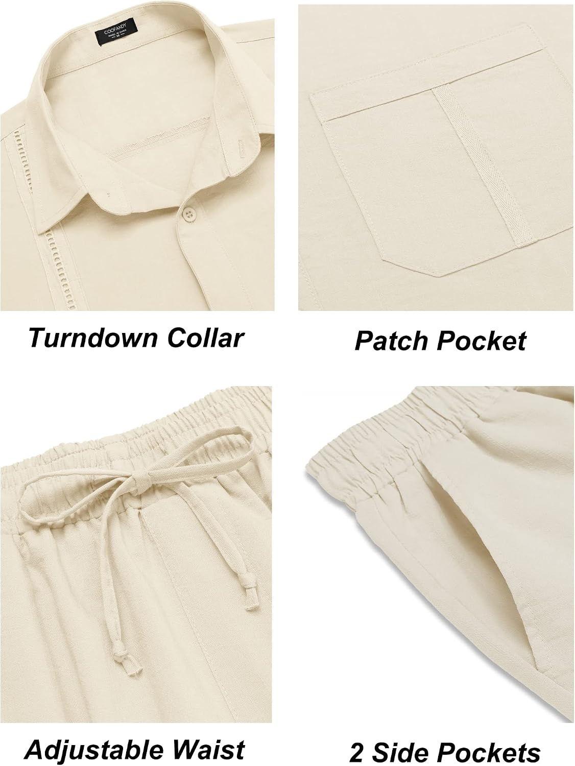 image:imageCOOFANDY Mens 2 Piece Outfits Long Sleeve Button Down Cuban Shirt and Pants Set Summer Beach SetsBeige