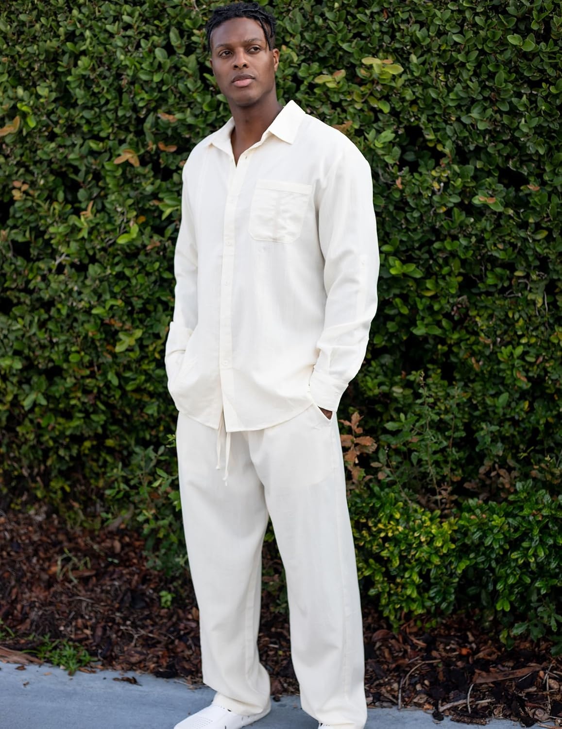 image:imageCOOFANDY Mens 2 Piece Outfits Long Sleeve Button Down Cuban Shirt and Pants Set Summer Beach SetsBeige