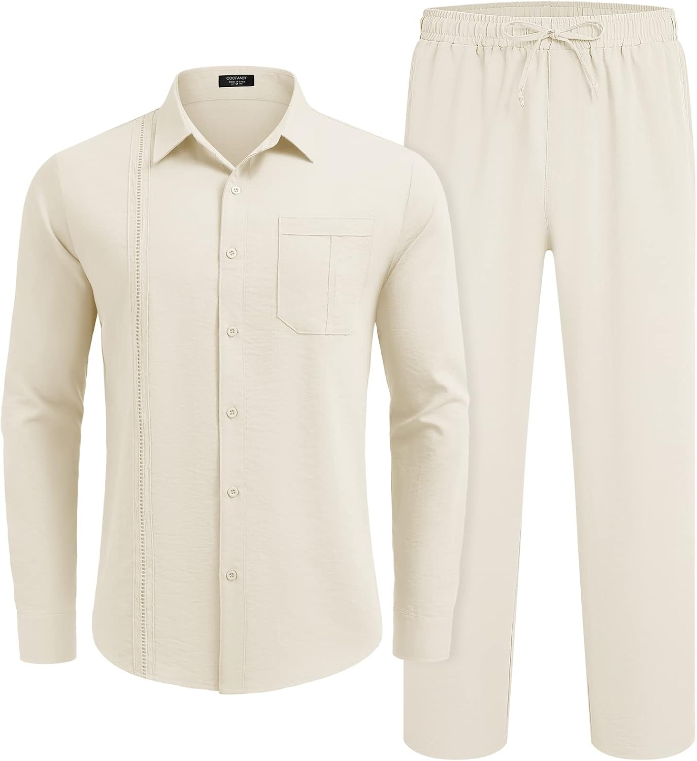 image:imageCOOFANDY Mens 2 Piece Outfits Long Sleeve Button Down Cuban Shirt and Pants Set Summer Beach SetsBeige