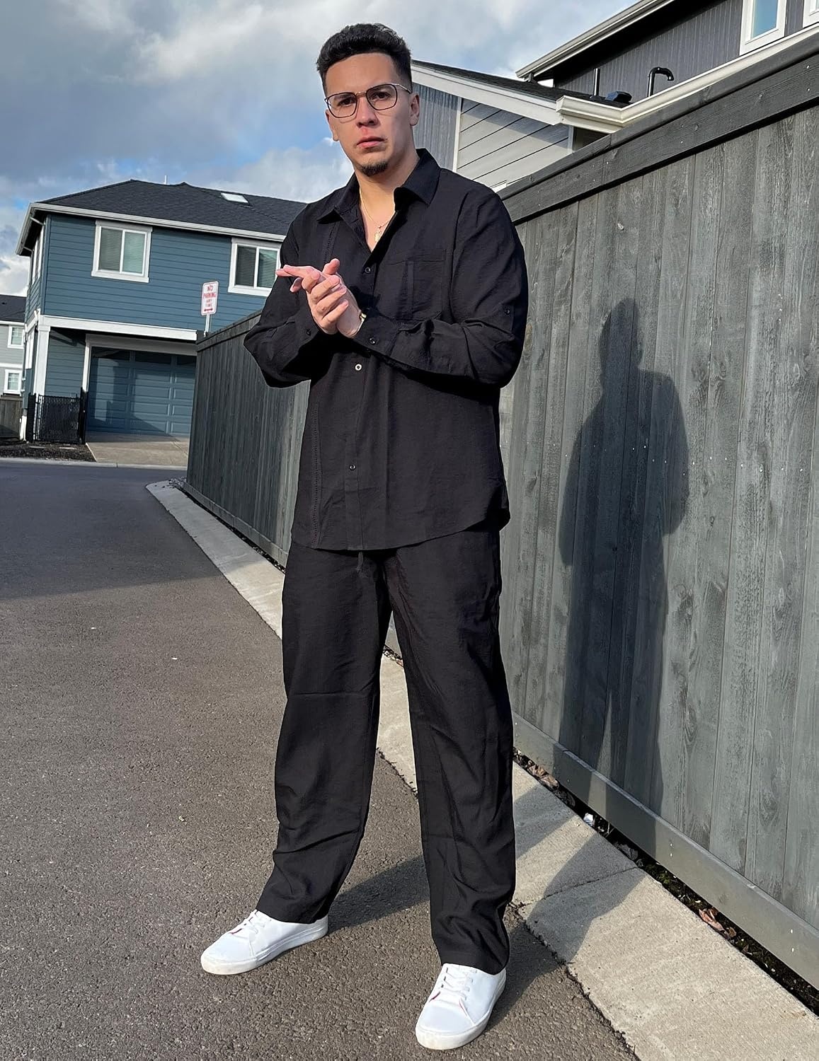 image:imageCOOFANDY Mens 2 Piece Outfits Long Sleeve Button Down Cuban Shirt and Pants Set Summer Beach SetsBlack
