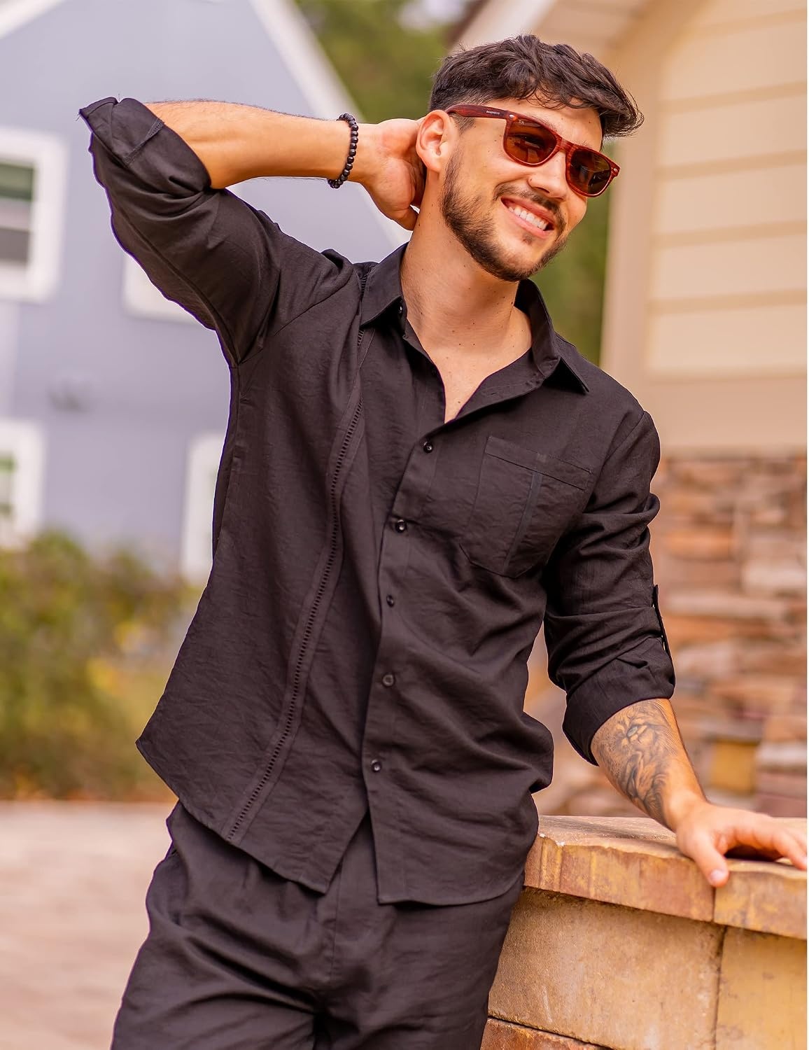 image:imageCOOFANDY Mens 2 Piece Outfits Long Sleeve Button Down Cuban Shirt and Pants Set Summer Beach SetsBlack