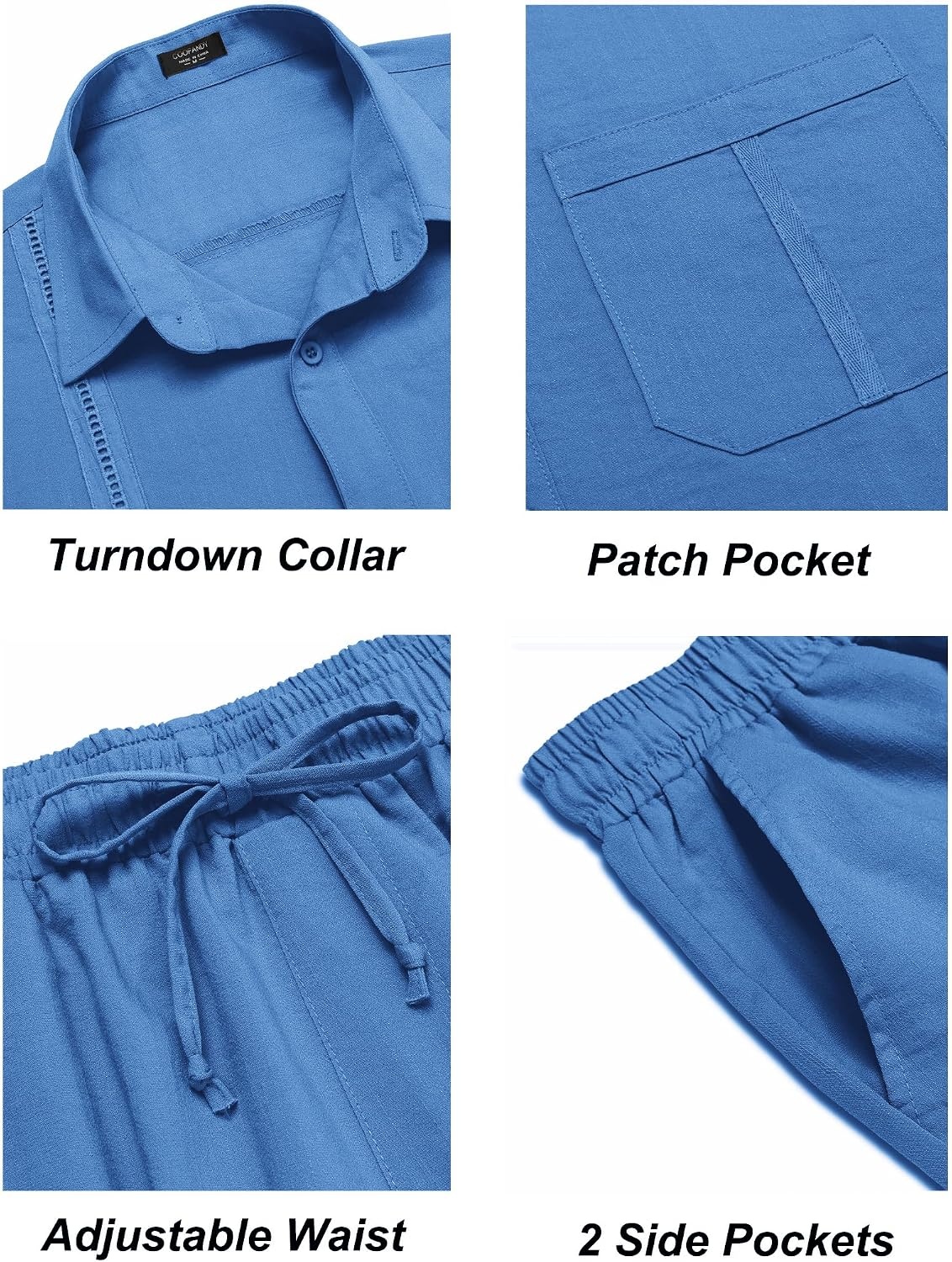 image:imageCOOFANDY Mens 2 Piece Outfits Long Sleeve Button Down Cuban Shirt and Pants Set Summer Beach SetsBlue