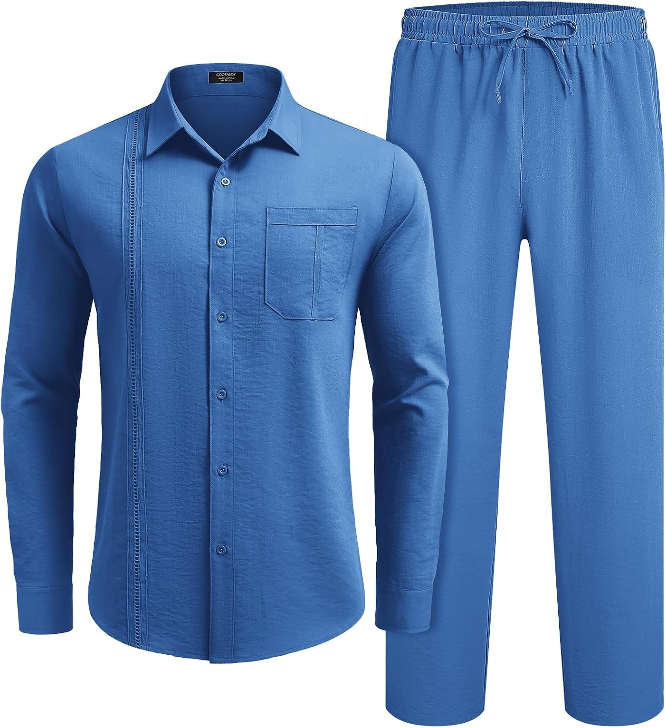 image:imageCOOFANDY Mens 2 Piece Outfits Long Sleeve Button Down Cuban Shirt and Pants Set Summer Beach SetsBlue