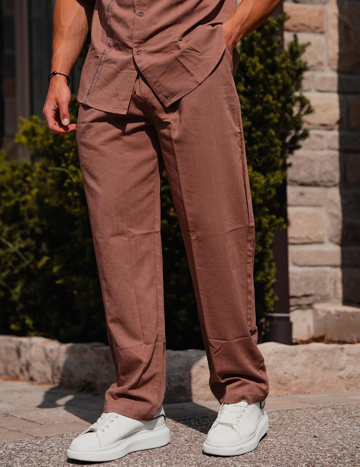 image:imageCOOFANDY Mens 2 Piece Outfits Long Sleeve Button Down Cuban Shirt and Pants Set Summer Beach SetsBrown