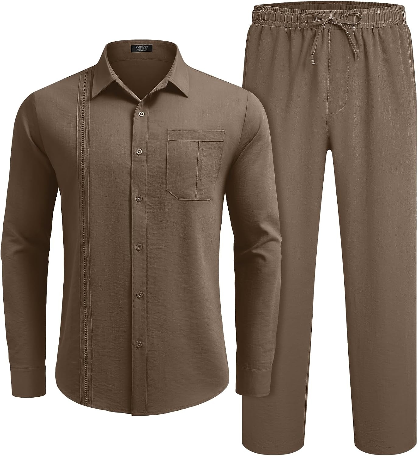 image:imageCOOFANDY Mens 2 Piece Outfits Long Sleeve Button Down Cuban Shirt and Pants Set Summer Beach SetsBrown