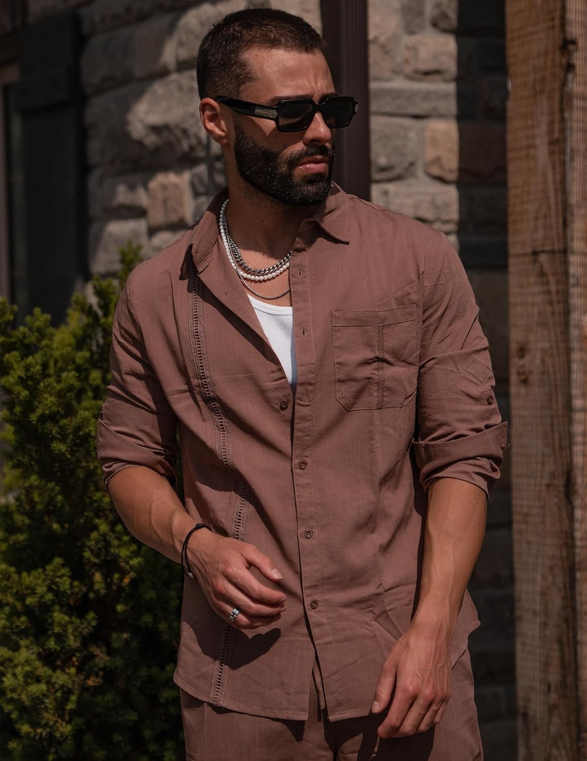 image:imageCOOFANDY Mens 2 Piece Outfits Long Sleeve Button Down Cuban Shirt and Pants Set Summer Beach SetsBrown