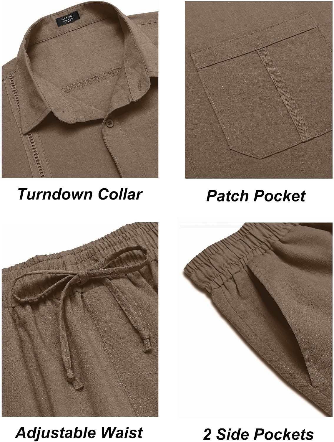 image:imageCOOFANDY Mens 2 Piece Outfits Long Sleeve Button Down Cuban Shirt and Pants Set Summer Beach SetsBrown