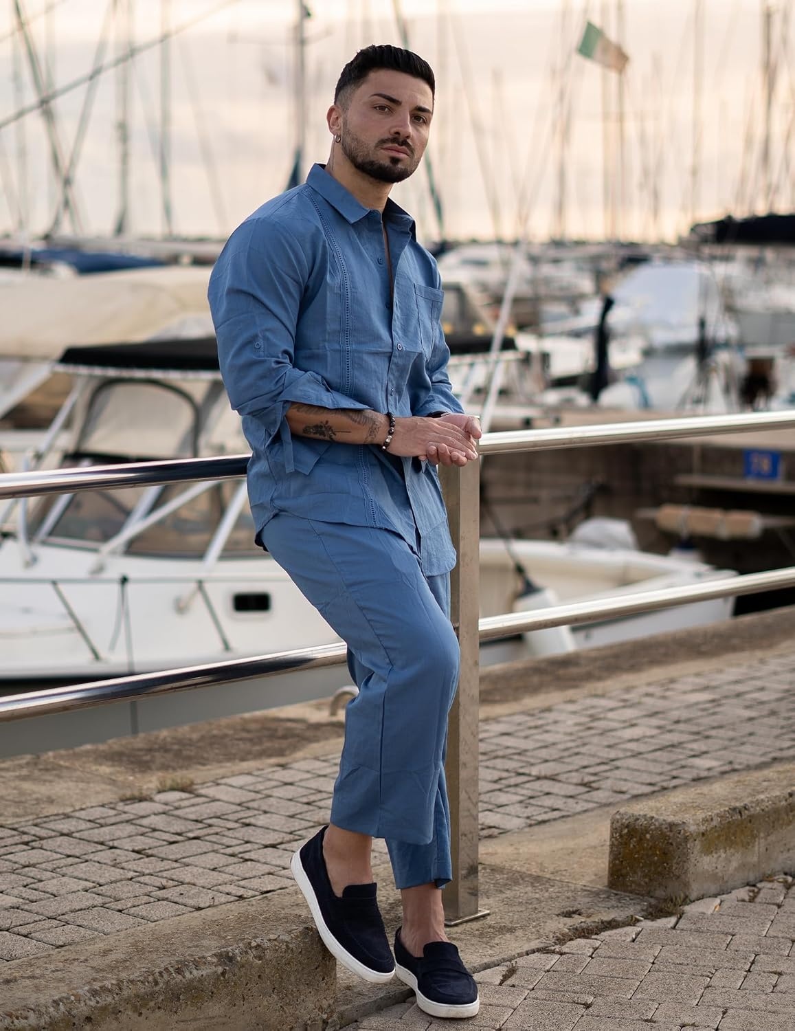 image:imageCOOFANDY Mens 2 Piece Outfits Long Sleeve Button Down Cuban Shirt and Pants Set Summer Beach SetsDenim Blue