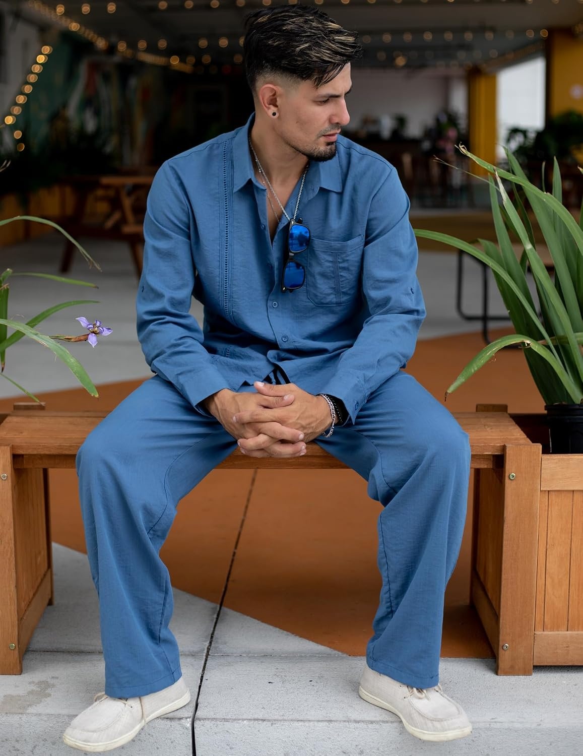image:imageCOOFANDY Mens 2 Piece Outfits Long Sleeve Button Down Cuban Shirt and Pants Set Summer Beach SetsDenim Blue