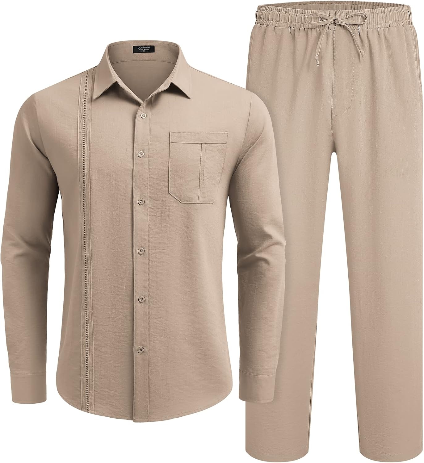 image:imageCOOFANDY Mens 2 Piece Outfits Long Sleeve Button Down Cuban Shirt and Pants Set Summer Beach SetsKhaki