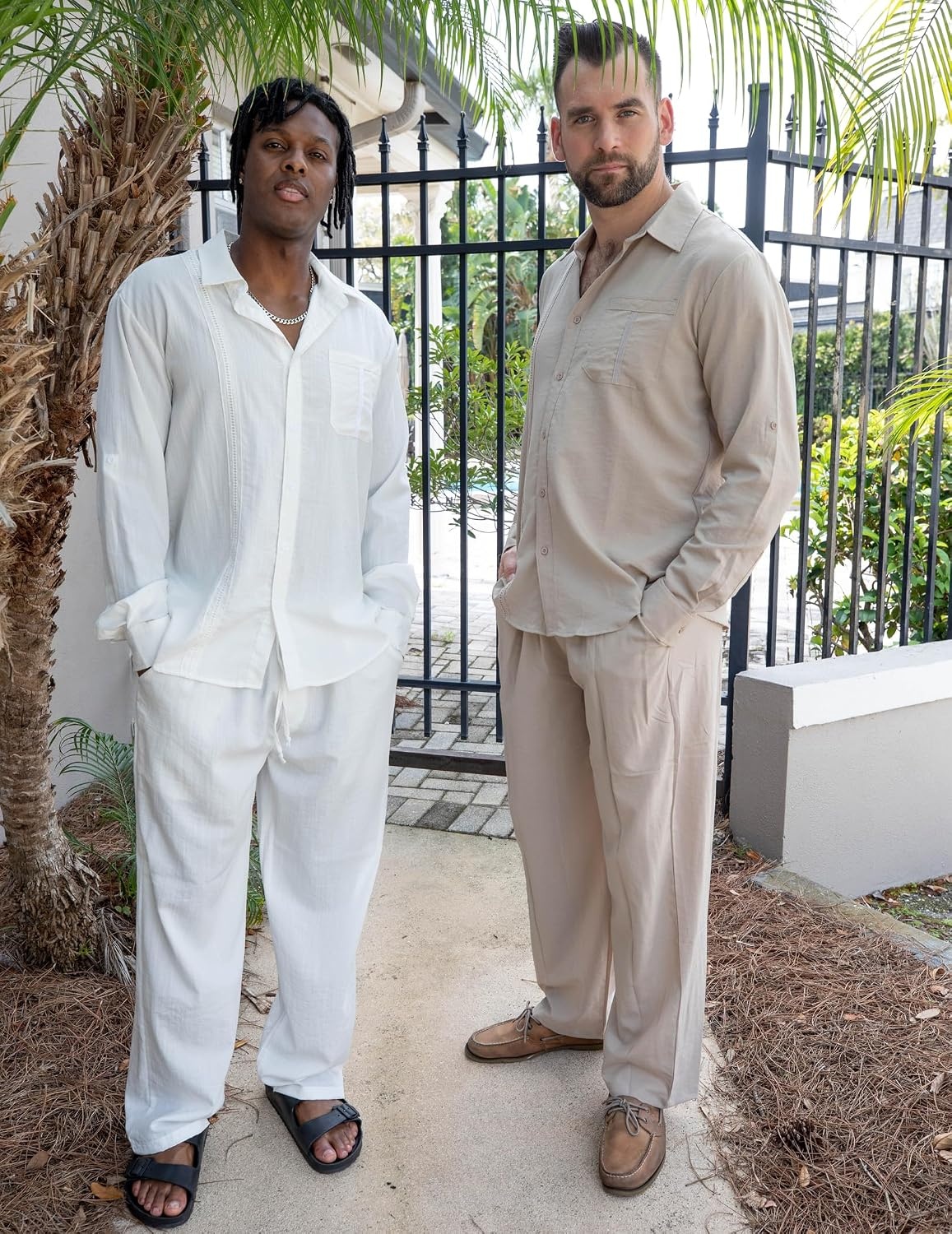 image:imageCOOFANDY Mens 2 Piece Outfits Long Sleeve Button Down Cuban Shirt and Pants Set Summer Beach SetsKhaki