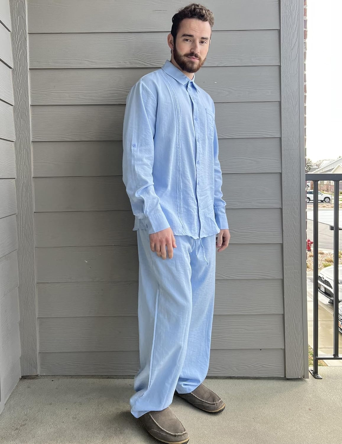 image:imageCOOFANDY Mens 2 Piece Outfits Long Sleeve Button Down Cuban Shirt and Pants Set Summer Beach SetsLight Blue