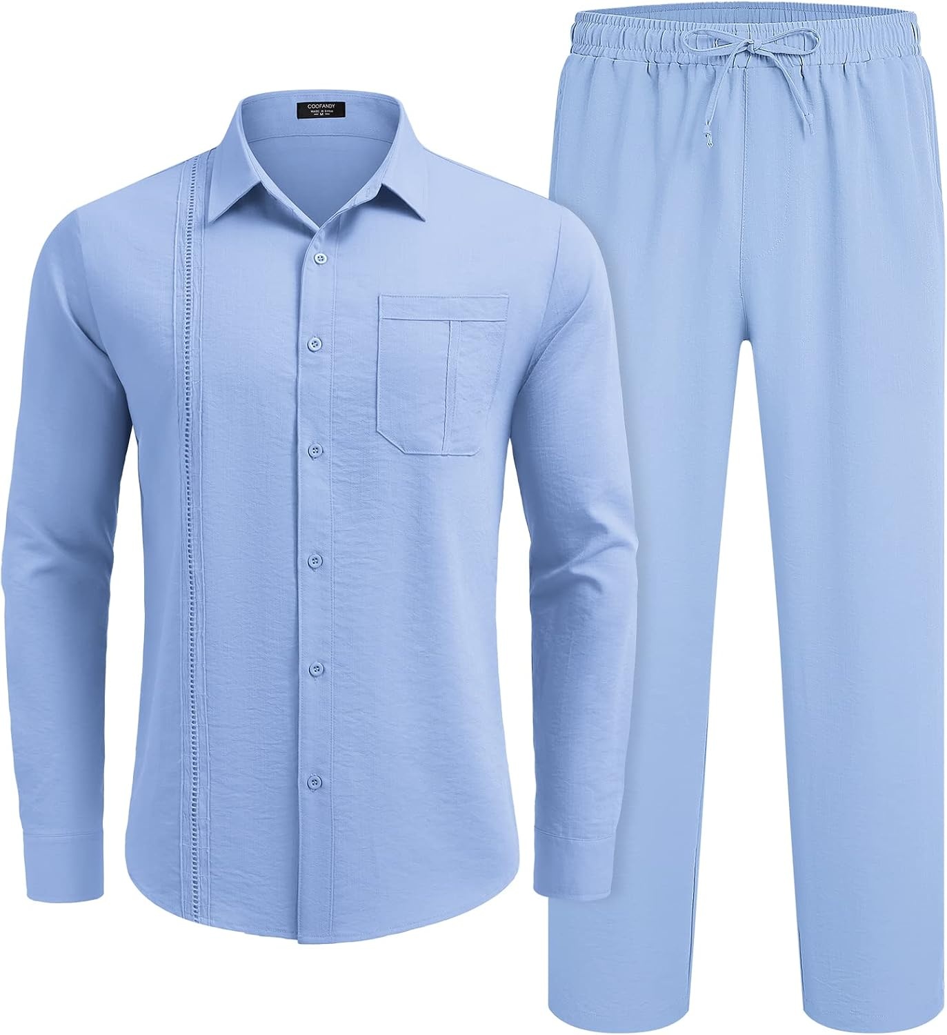 image:imageCOOFANDY Mens 2 Piece Outfits Long Sleeve Button Down Cuban Shirt and Pants Set Summer Beach SetsLight Blue