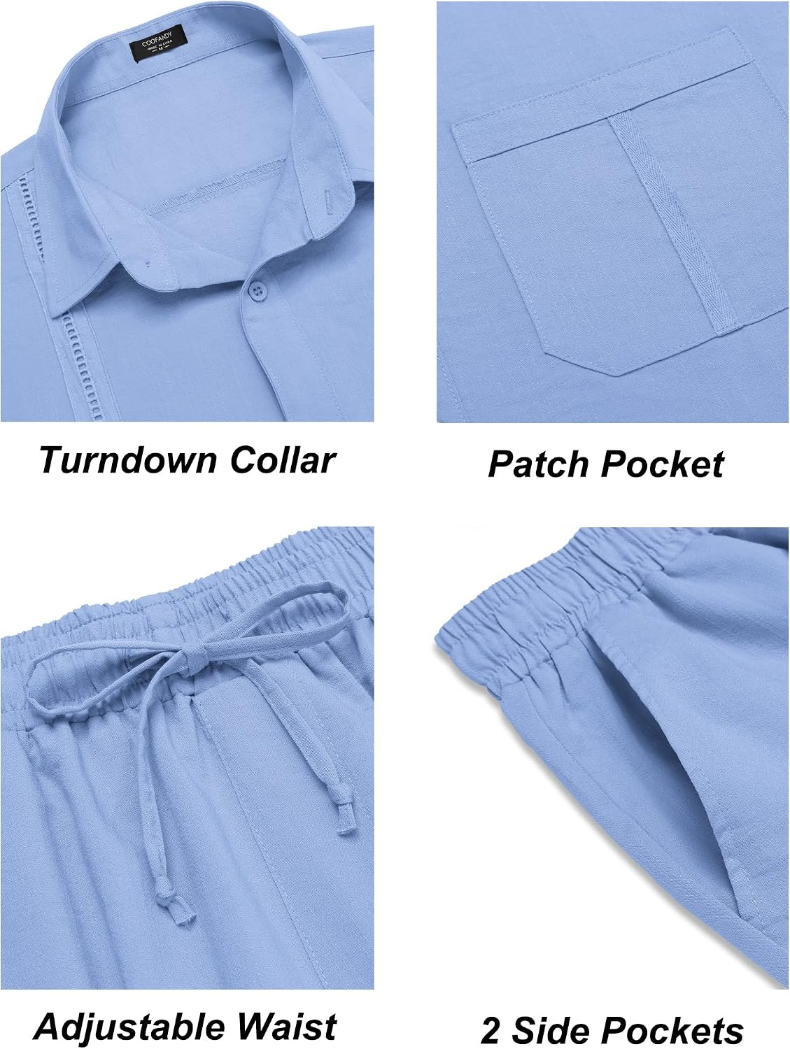 image:imageCOOFANDY Mens 2 Piece Outfits Long Sleeve Button Down Cuban Shirt and Pants Set Summer Beach SetsLight Blue