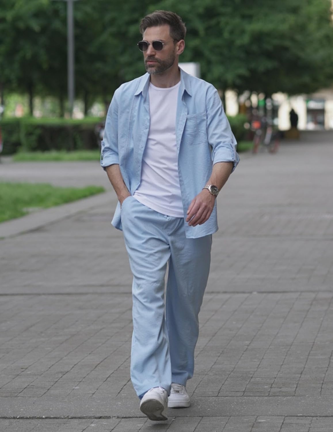 image:imageCOOFANDY Mens 2 Piece Outfits Long Sleeve Button Down Cuban Shirt and Pants Set Summer Beach SetsLight Blue