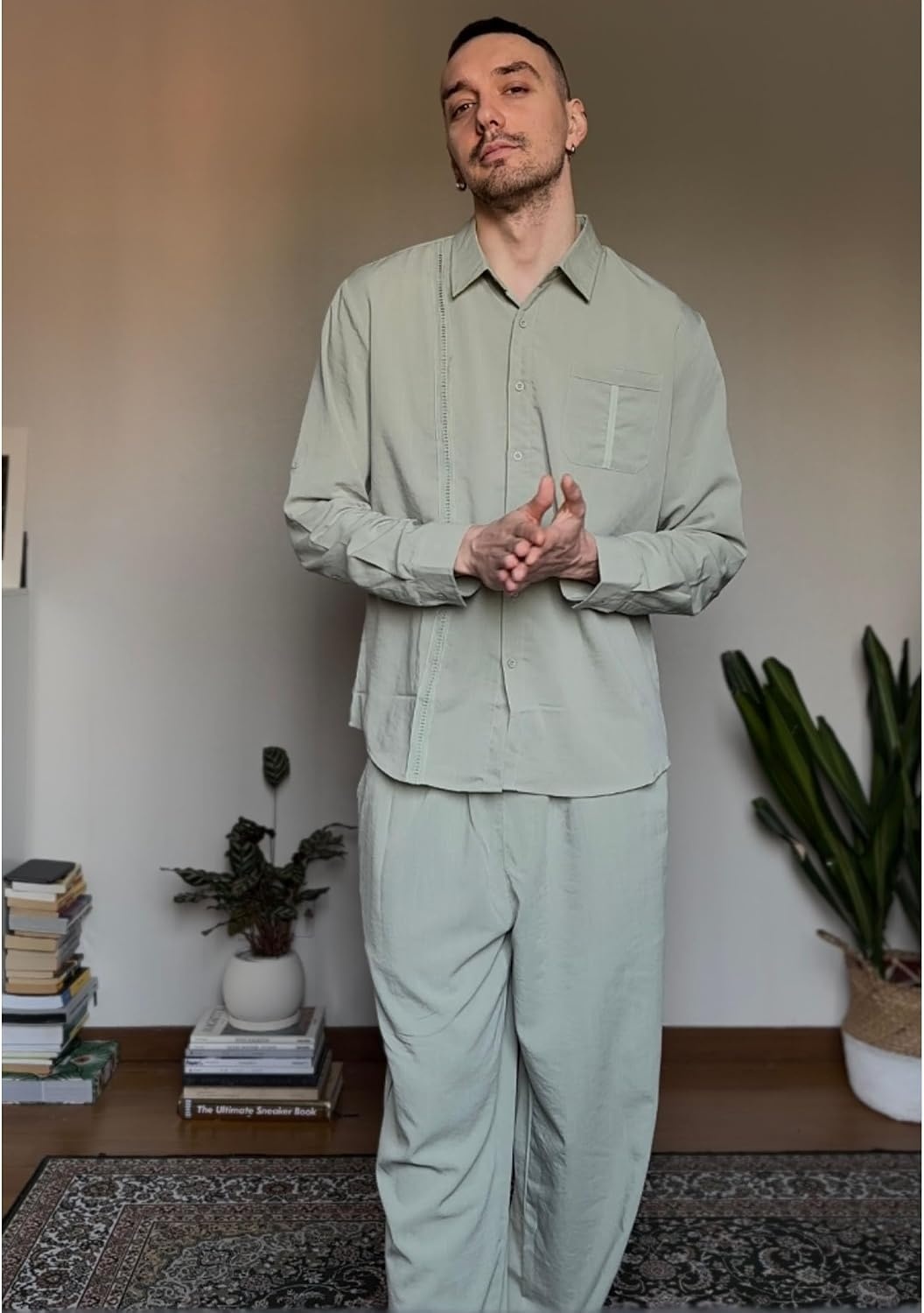 image:imageCOOFANDY Mens 2 Piece Outfits Long Sleeve Button Down Cuban Shirt and Pants Set Summer Beach SetsLight Green