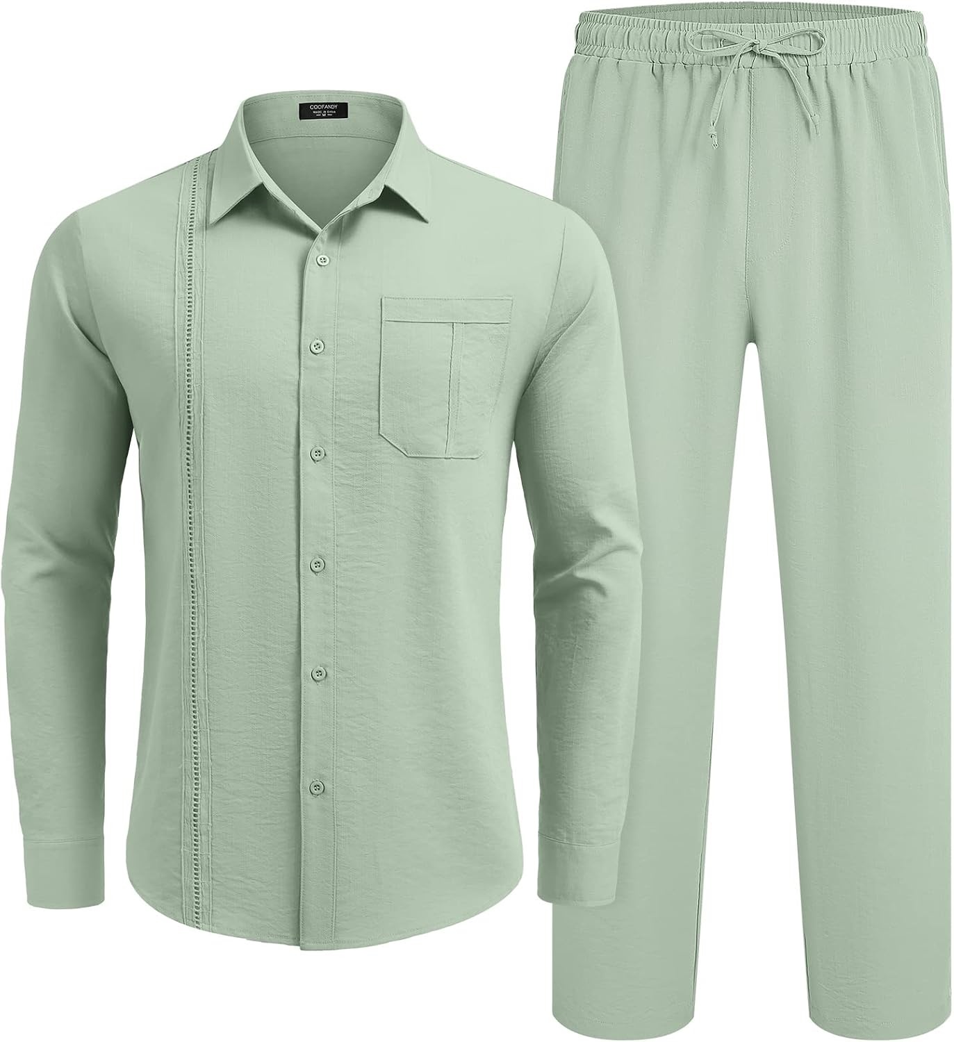 image:imageCOOFANDY Mens 2 Piece Outfits Long Sleeve Button Down Cuban Shirt and Pants Set Summer Beach SetsLight Green