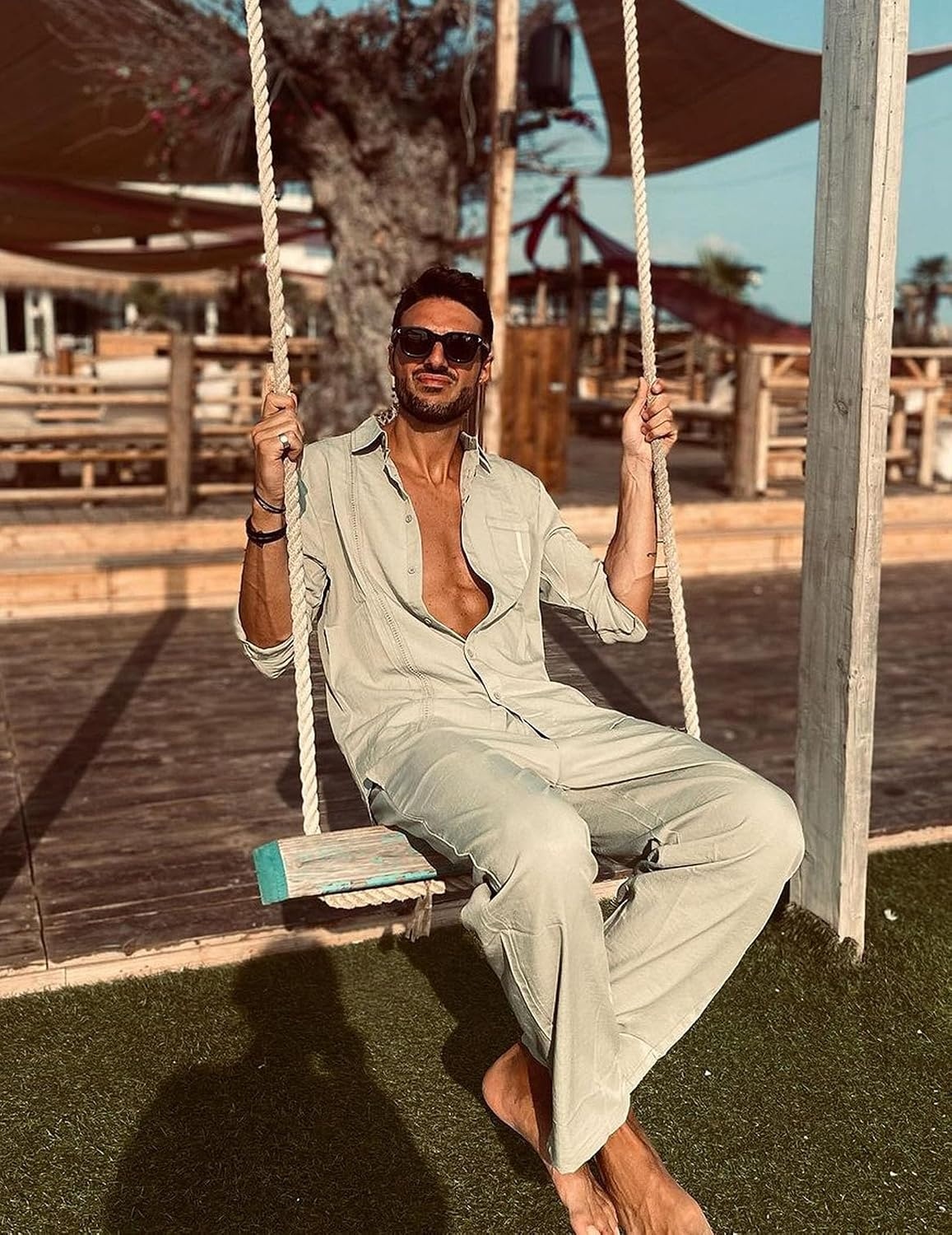 image:imageCOOFANDY Mens 2 Piece Outfits Long Sleeve Button Down Cuban Shirt and Pants Set Summer Beach SetsLight Green