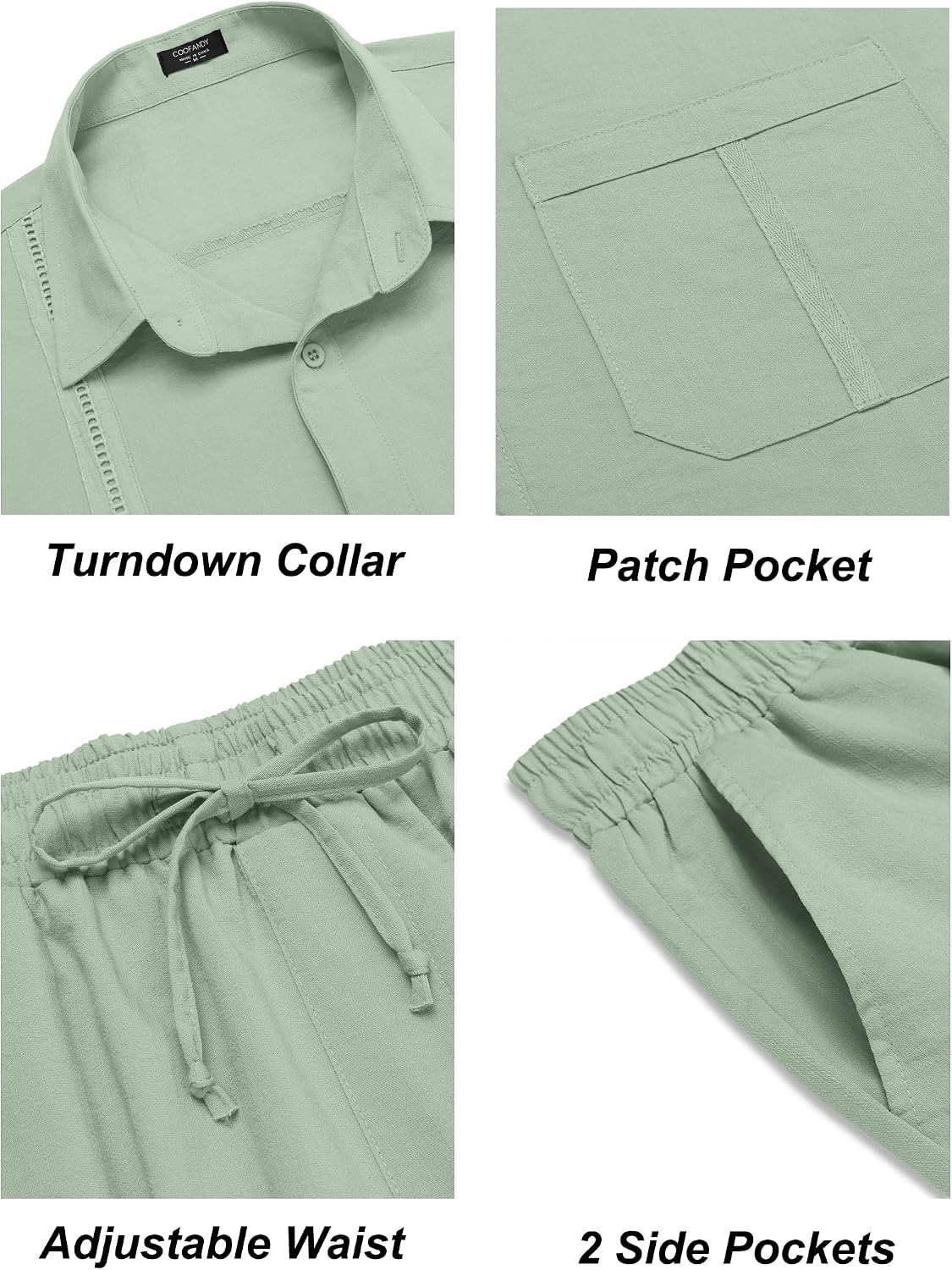 image:imageCOOFANDY Mens 2 Piece Outfits Long Sleeve Button Down Cuban Shirt and Pants Set Summer Beach SetsLight Green