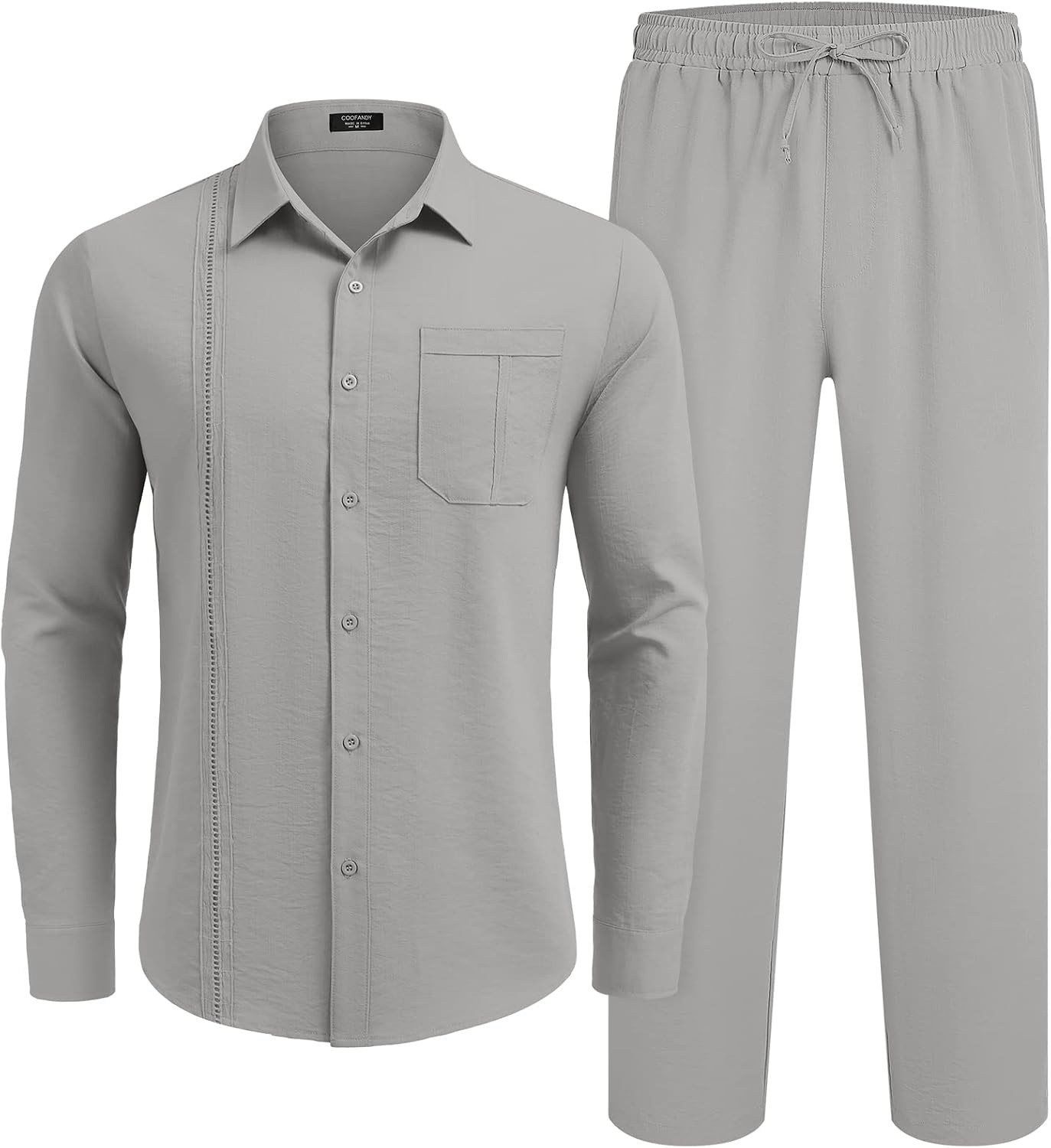 image:imageCOOFANDY Mens 2 Piece Outfits Long Sleeve Button Down Cuban Shirt and Pants Set Summer Beach SetsLight Grey