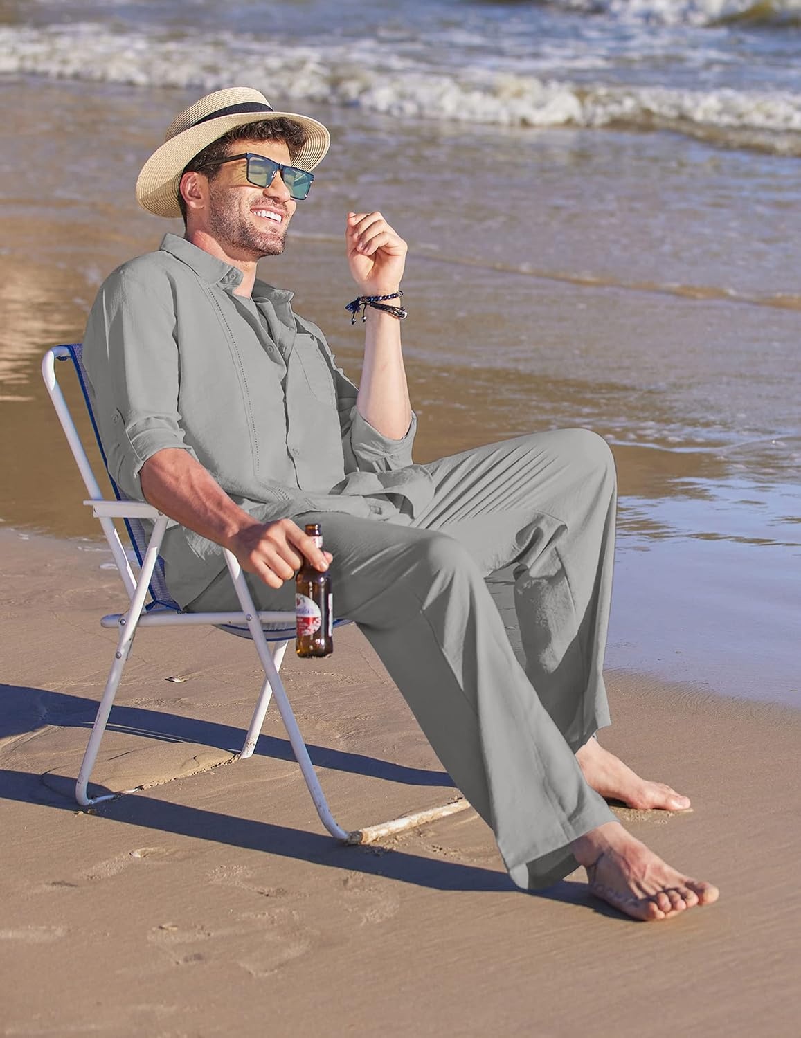 image:imageCOOFANDY Mens 2 Piece Outfits Long Sleeve Button Down Cuban Shirt and Pants Set Summer Beach SetsLight Grey