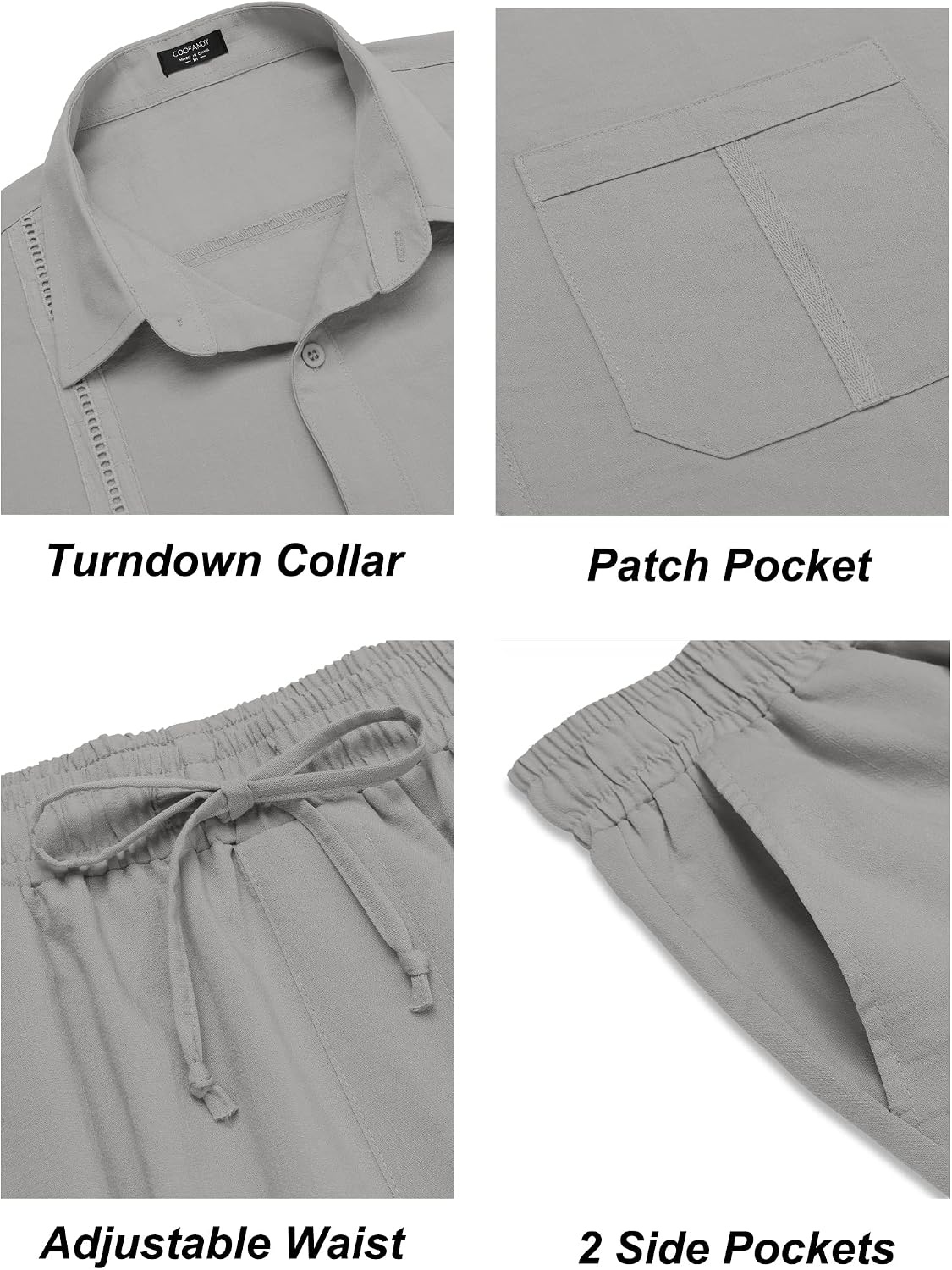 image:imageCOOFANDY Mens 2 Piece Outfits Long Sleeve Button Down Cuban Shirt and Pants Set Summer Beach SetsLight Grey