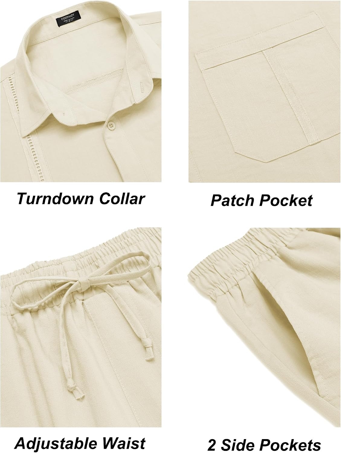 image:imageCOOFANDY Mens 2 Piece Outfits Long Sleeve Button Down Cuban Shirt and Pants Set Summer Beach SetsLight Khaki