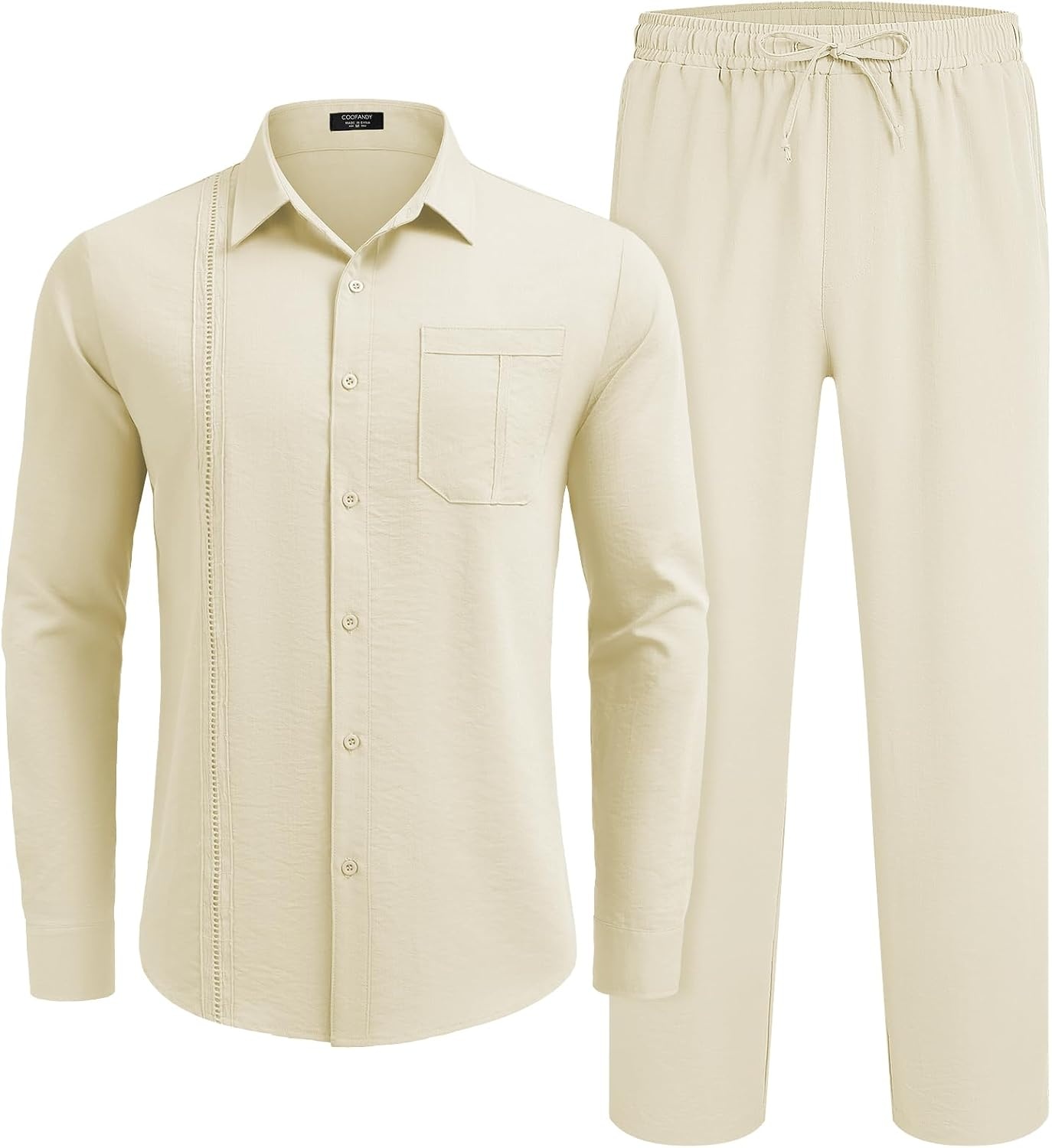 image:imageCOOFANDY Mens 2 Piece Outfits Long Sleeve Button Down Cuban Shirt and Pants Set Summer Beach SetsLight Khaki