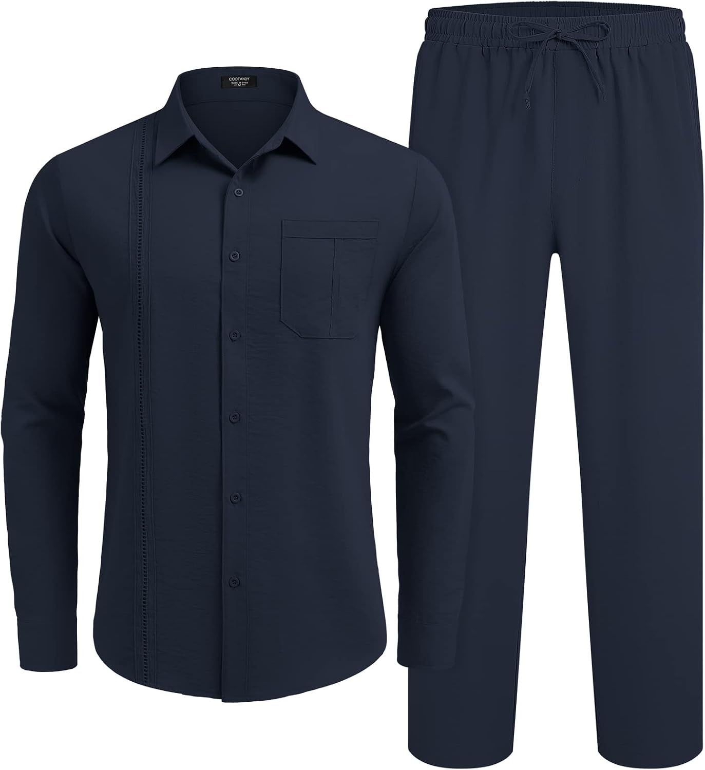 image:imageCOOFANDY Mens 2 Piece Outfits Long Sleeve Button Down Cuban Shirt and Pants Set Summer Beach SetsNavy Blue