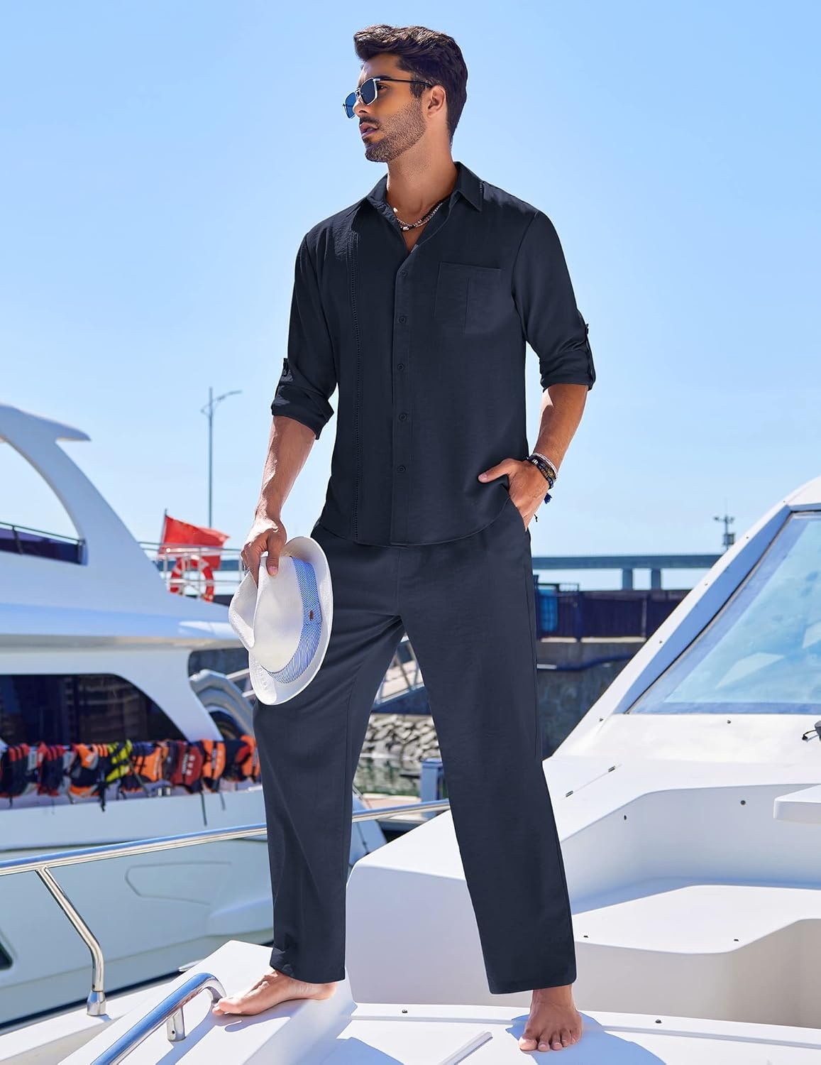 image:imageCOOFANDY Mens 2 Piece Outfits Long Sleeve Button Down Cuban Shirt and Pants Set Summer Beach SetsNavy Blue