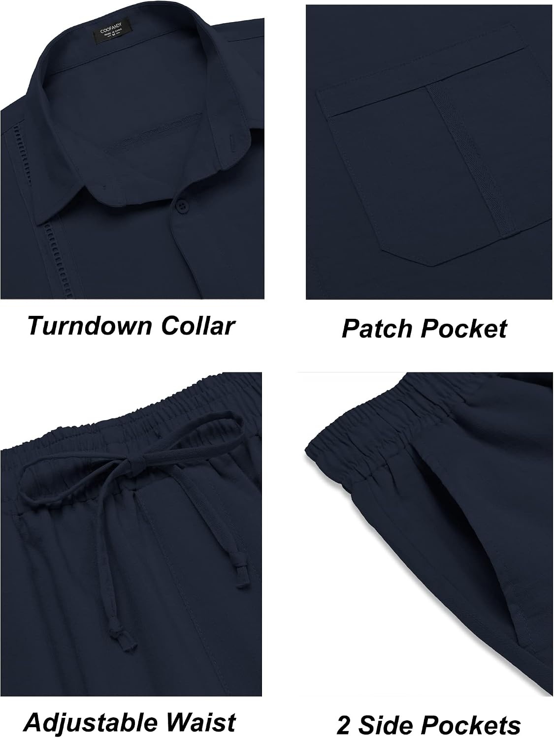 image:imageCOOFANDY Mens 2 Piece Outfits Long Sleeve Button Down Cuban Shirt and Pants Set Summer Beach SetsNavy Blue