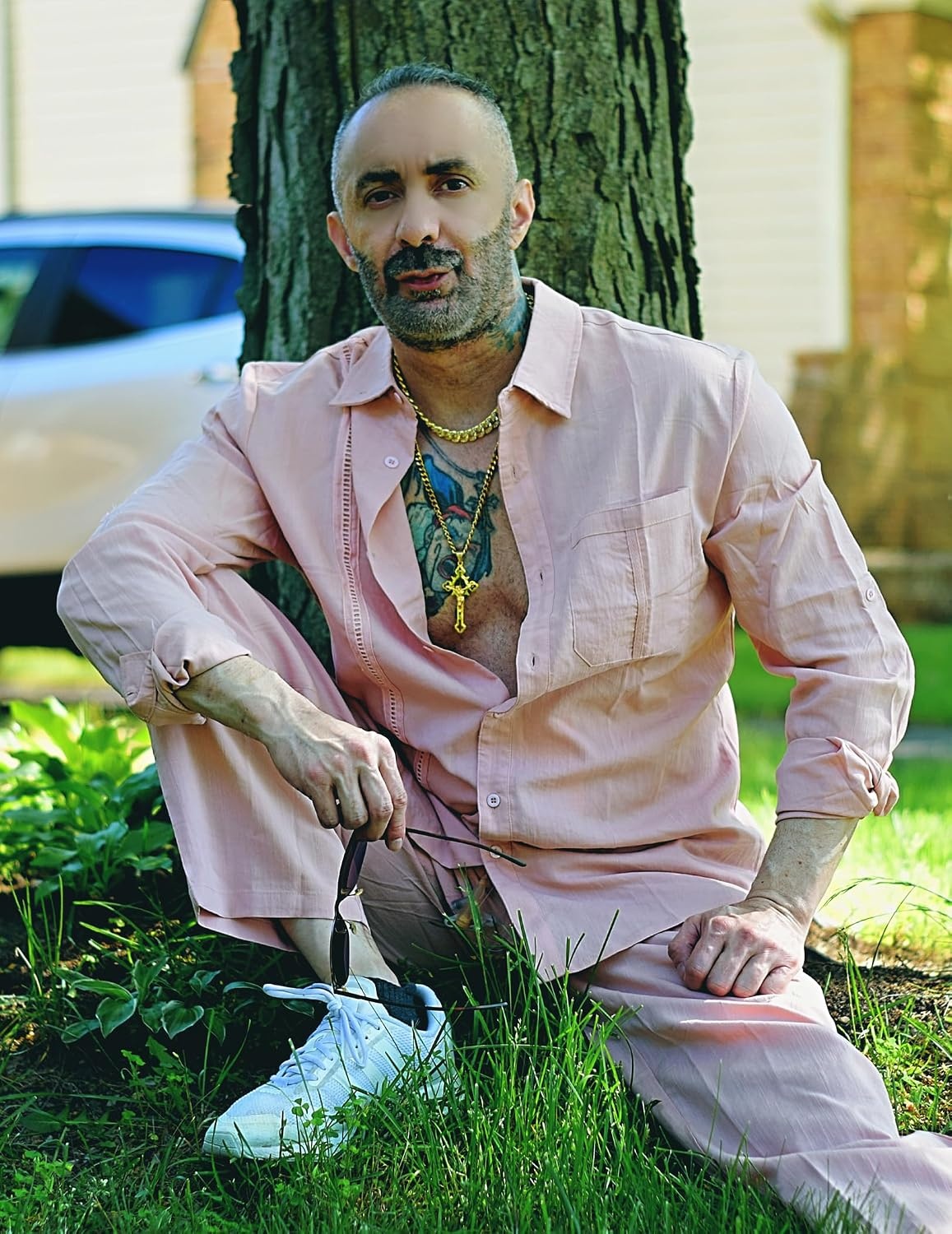 image:imageCOOFANDY Mens 2 Piece Outfits Long Sleeve Button Down Cuban Shirt and Pants Set Summer Beach SetsPink