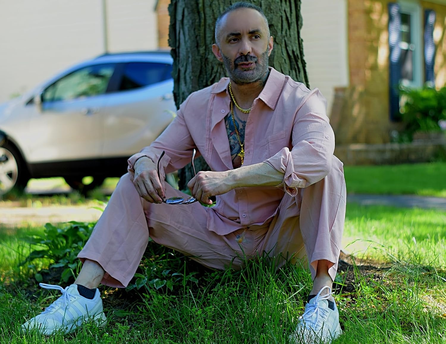 image:imageCOOFANDY Mens 2 Piece Outfits Long Sleeve Button Down Cuban Shirt and Pants Set Summer Beach SetsPink