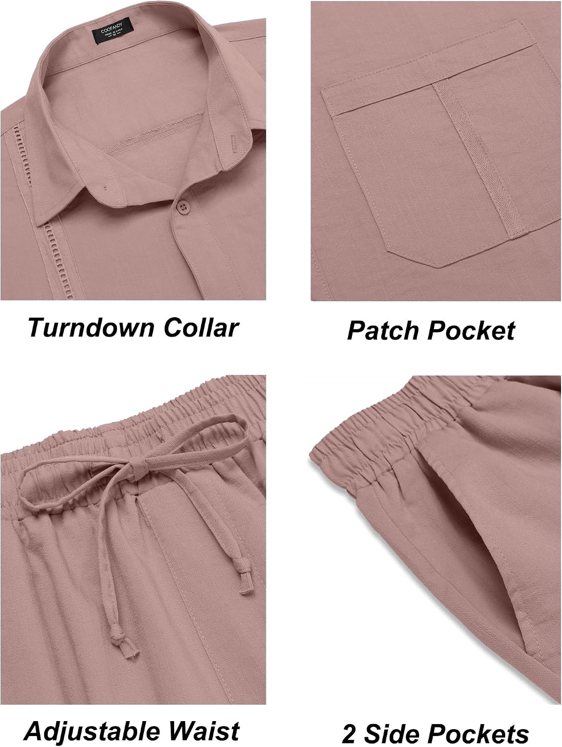 image:imageCOOFANDY Mens 2 Piece Outfits Long Sleeve Button Down Cuban Shirt and Pants Set Summer Beach SetsPink