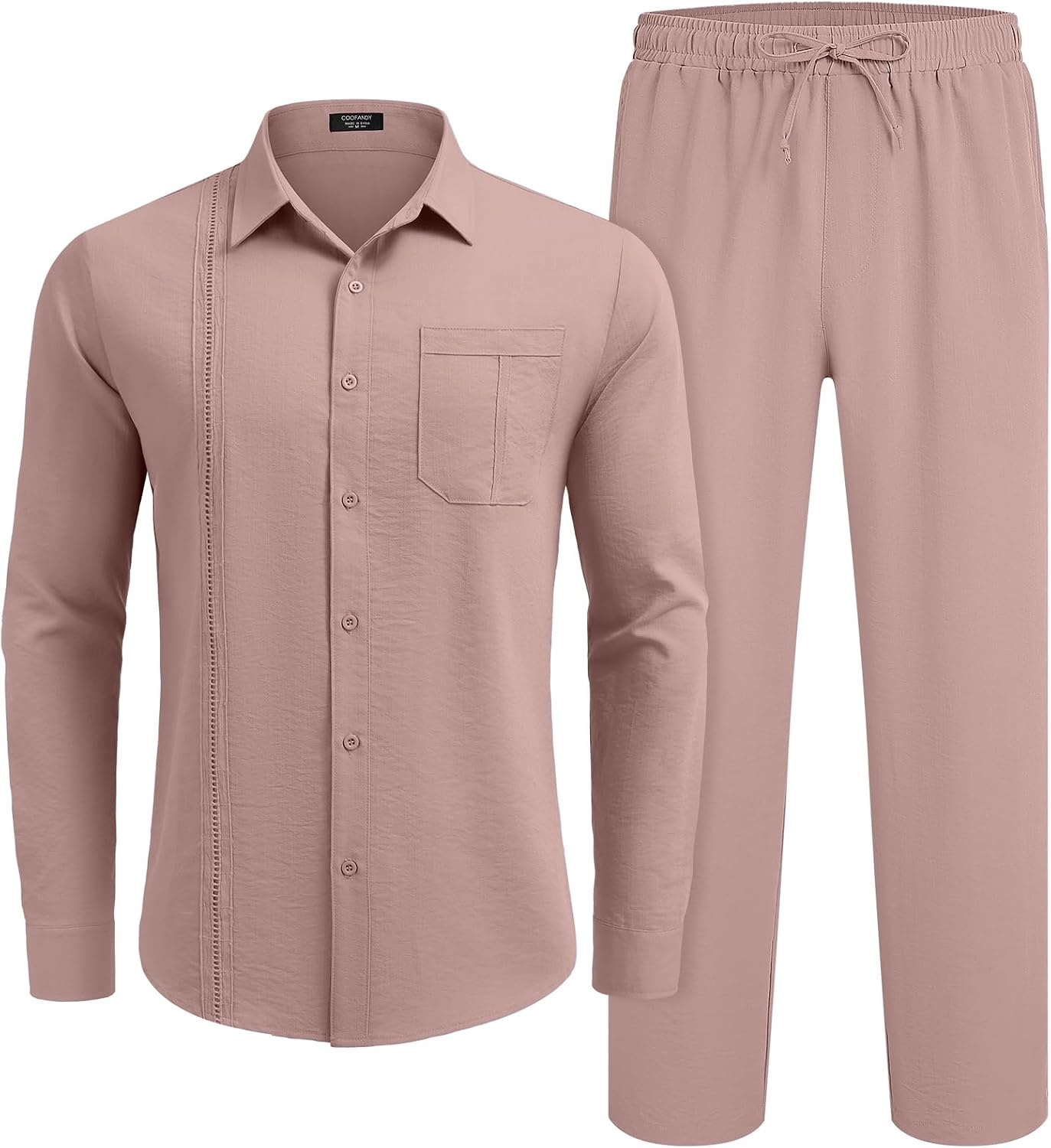 image:imageCOOFANDY Mens 2 Piece Outfits Long Sleeve Button Down Cuban Shirt and Pants Set Summer Beach SetsPink