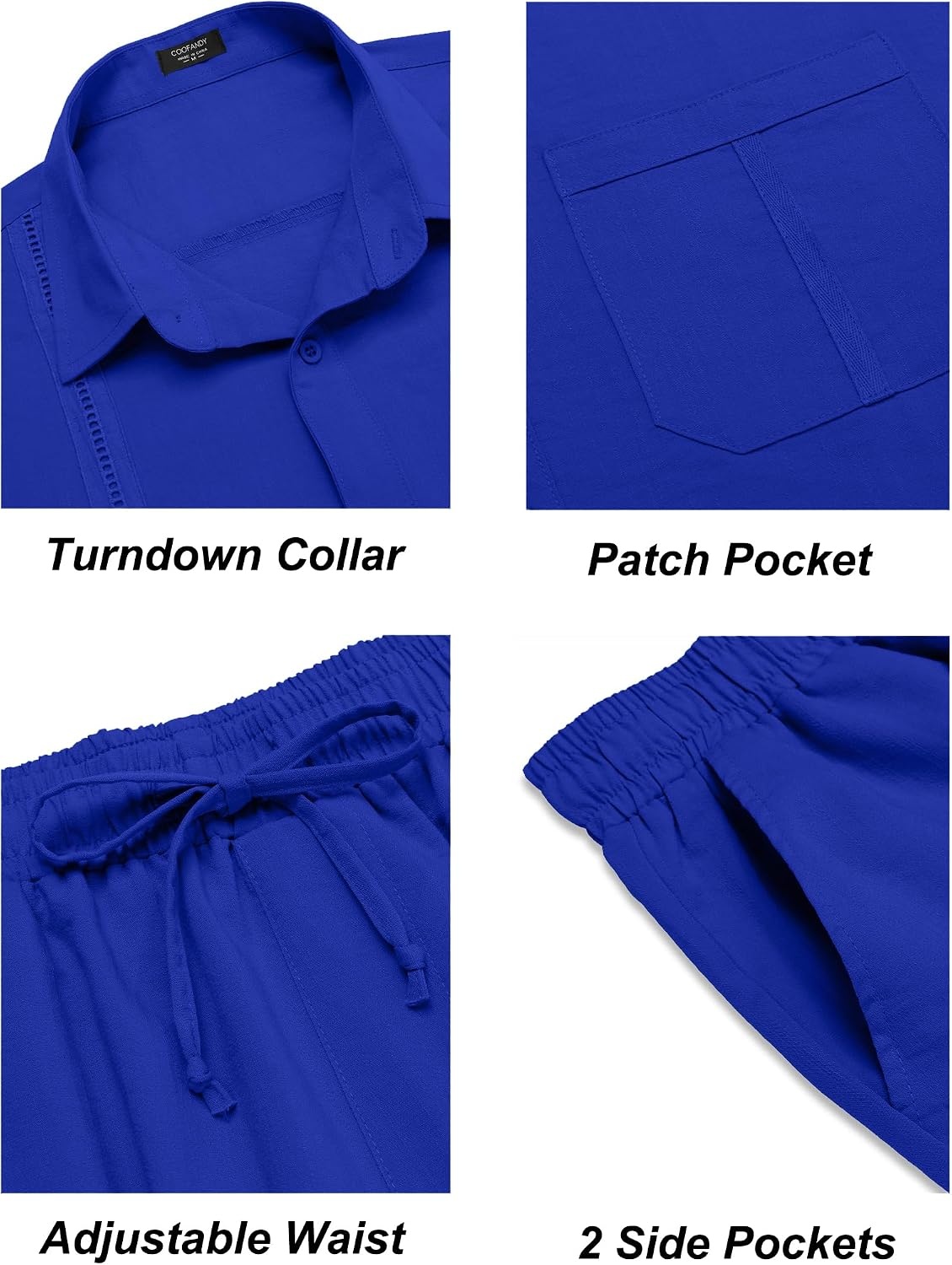 image:imageCOOFANDY Mens 2 Piece Outfits Long Sleeve Button Down Cuban Shirt and Pants Set Summer Beach SetsRoyal Blue